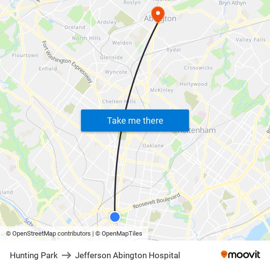 Hunting Park to Jefferson Abington Hospital map