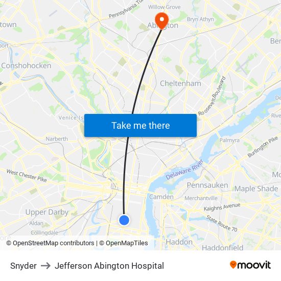 Snyder to Jefferson Abington Hospital map