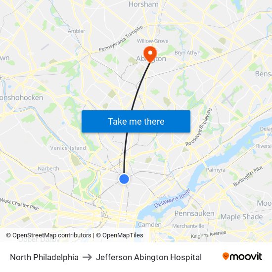 North Philadelphia to Jefferson Abington Hospital map