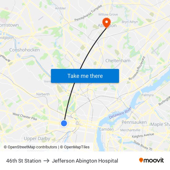 46th St Station to Jefferson Abington Hospital map