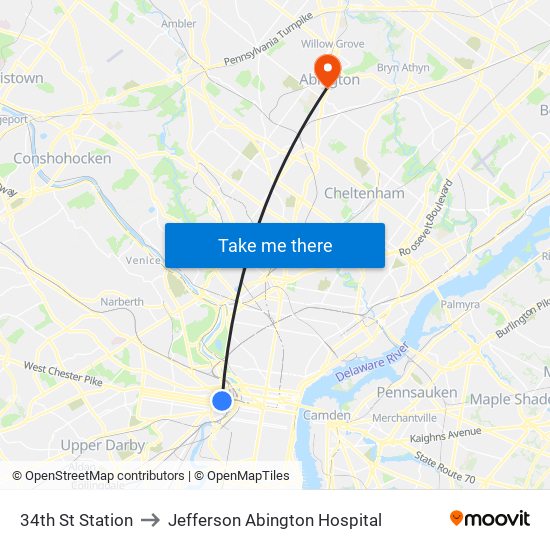 34th St Station to Jefferson Abington Hospital map