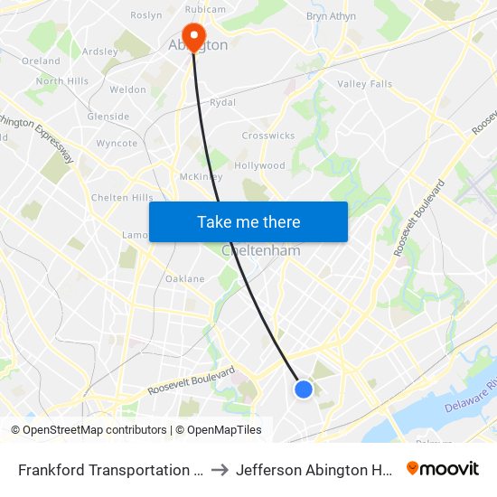 Frankford Transportation Center to Jefferson Abington Hospital map
