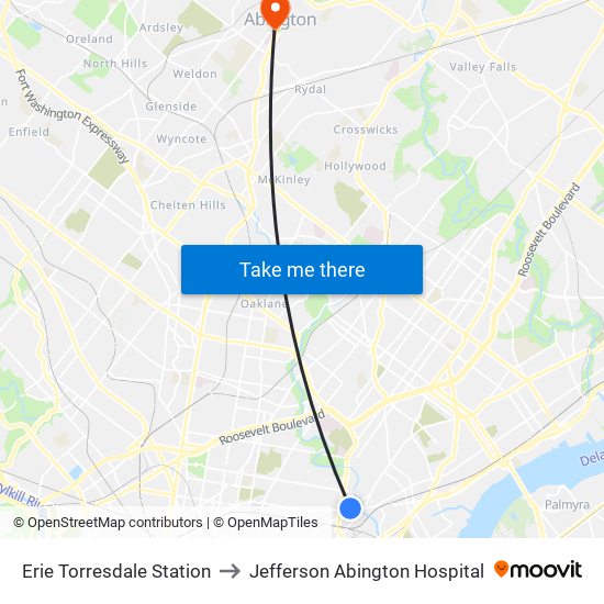 Erie Torresdale Station to Jefferson Abington Hospital map