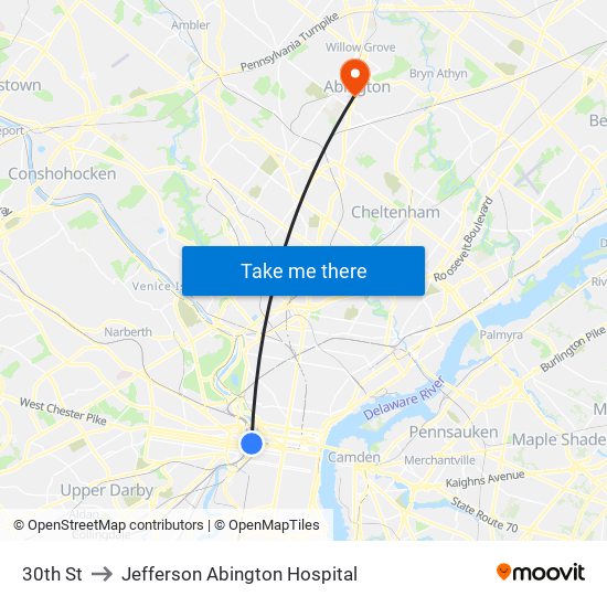 30th St to Jefferson Abington Hospital map
