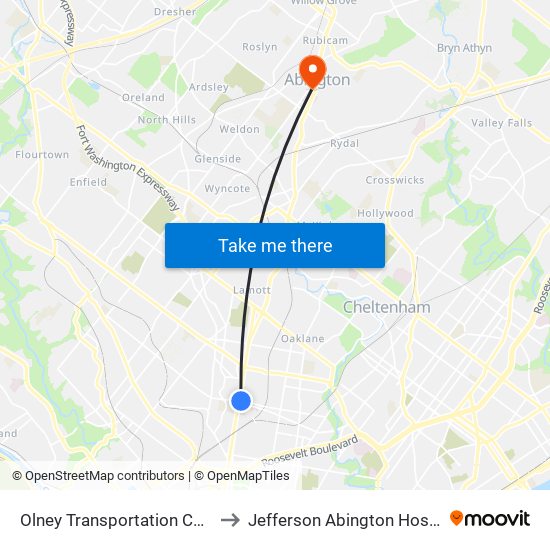 Olney Transportation Center to Jefferson Abington Hospital map