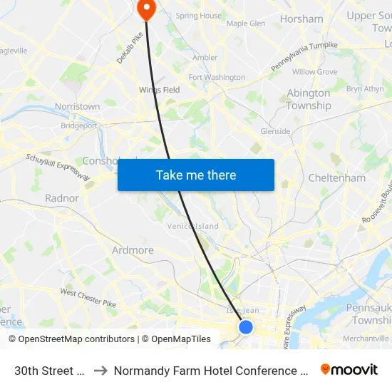 30th Street Station to Normandy Farm Hotel Conference Center Blue Bell map