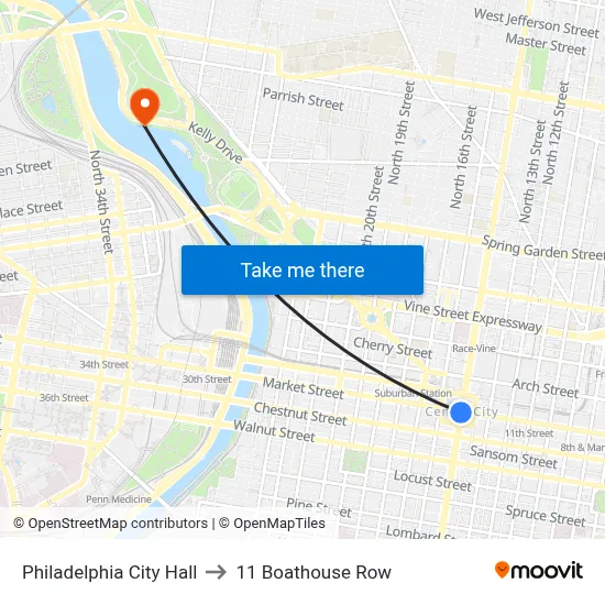 Philadelphia City Hall to 11 Boathouse Row map