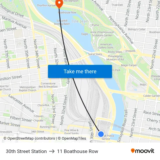30th Street Station to 11 Boathouse Row map