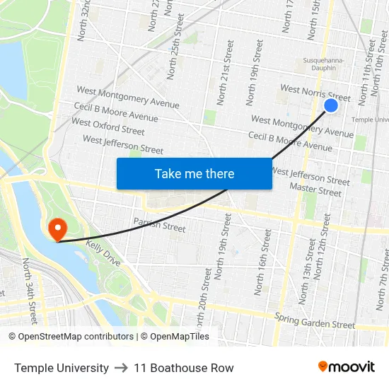 Temple University to 11 Boathouse Row map