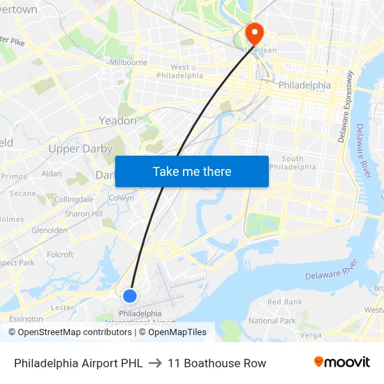 Philadelphia Airport PHL to 11 Boathouse Row map