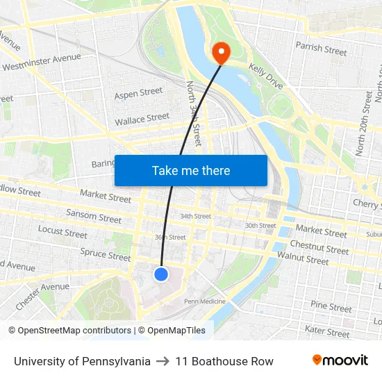 University of Pennsylvania to 11 Boathouse Row map