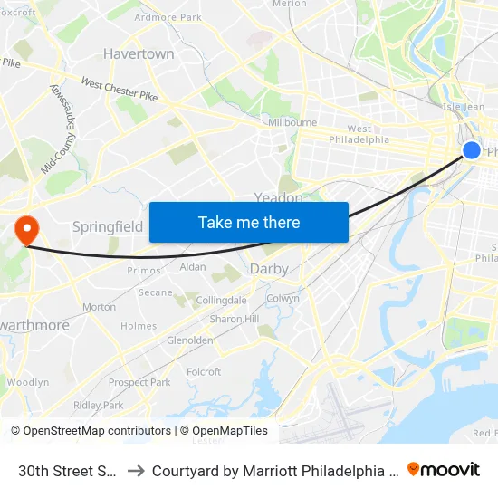 30th Street Station to Courtyard by Marriott Philadelphia Springfield map