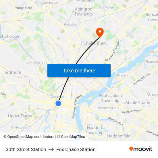30th Street Station to Fox Chase Station map