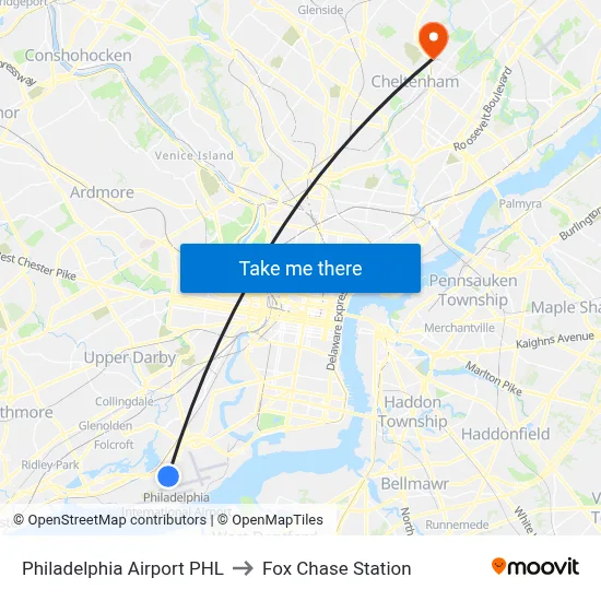 Philadelphia Airport PHL to Fox Chase Station map
