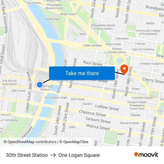 30th Street Station to One Logan Square map