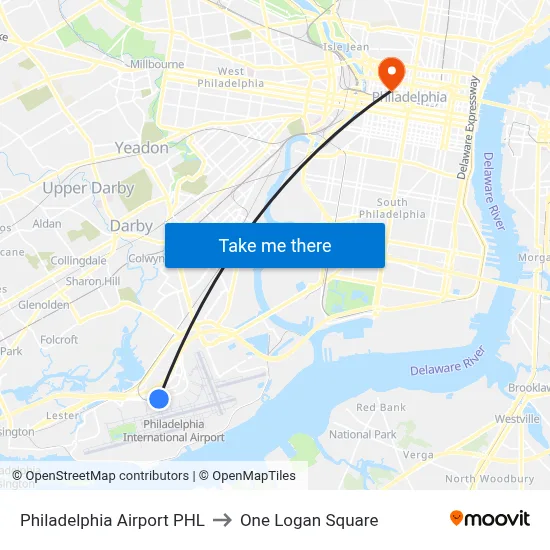 Philadelphia Airport PHL to One Logan Square map