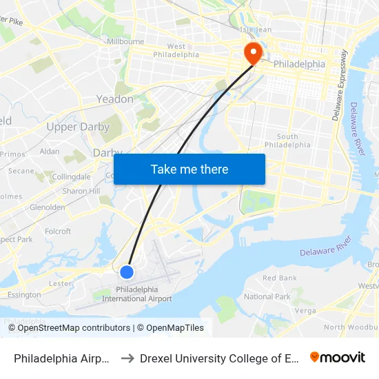 Philadelphia Airport PHL to Drexel University College of Engineering map