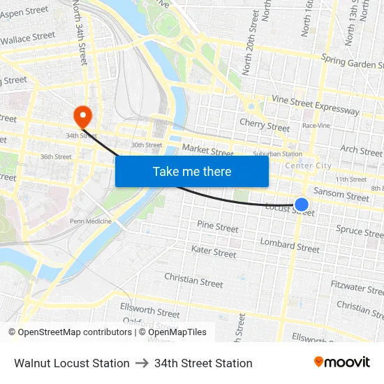 Walnut Locust Station to 34th Street Station map