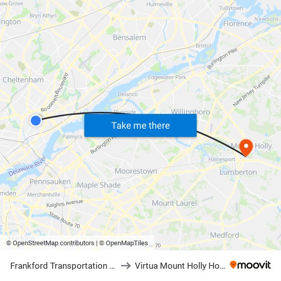 Frankford Transportation Center to Virtua Mount Holly Hospital map