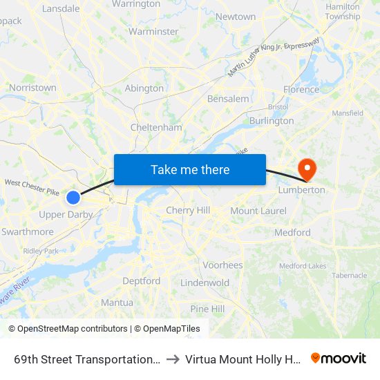 69th Street Transportation Center to Virtua Mount Holly Hospital map