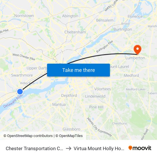 Chester Transportation Center to Virtua Mount Holly Hospital map