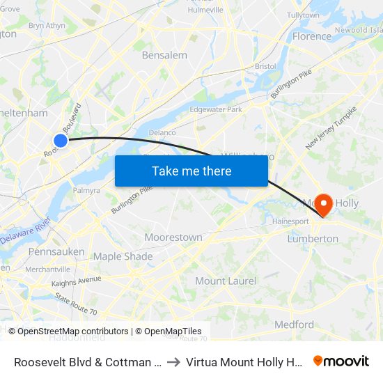 Roosevelt Blvd & Cottman Av - FS to Virtua Mount Holly Hospital map