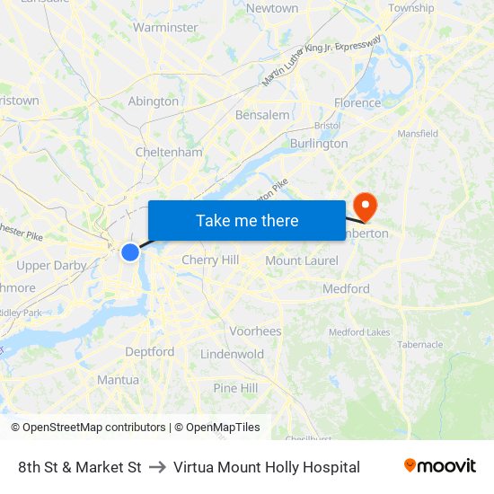 8th St & Market St to Virtua Mount Holly Hospital map