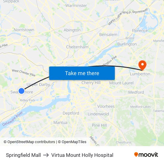 Springfield Mall to Virtua Mount Holly Hospital map