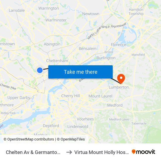 Chelten Av & Germantown Av to Virtua Mount Holly Hospital map