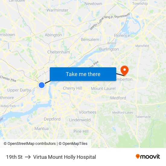 19th St to Virtua Mount Holly Hospital map