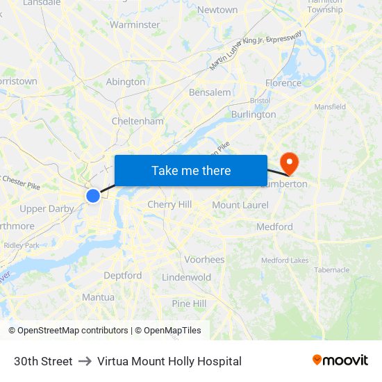 30th Street to Virtua Mount Holly Hospital map