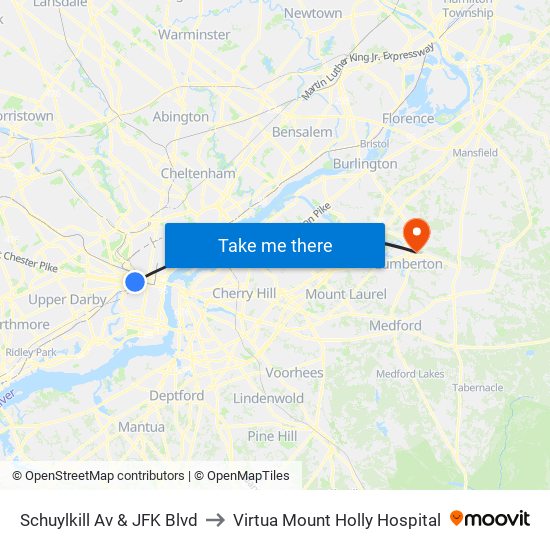 Schuylkill Av & JFK Blvd to Virtua Mount Holly Hospital map