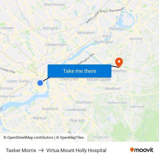 Tasker Morris to Virtua Mount Holly Hospital map