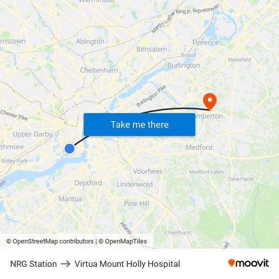 NRG Station to Virtua Mount Holly Hospital map