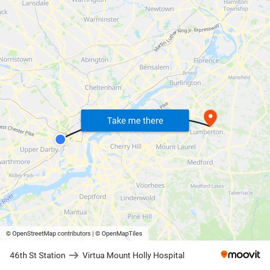 46th St Station to Virtua Mount Holly Hospital map