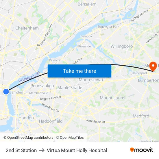 2nd St Station to Virtua Mount Holly Hospital map
