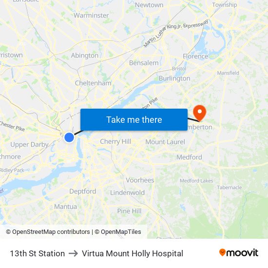 13th St Station to Virtua Mount Holly Hospital map