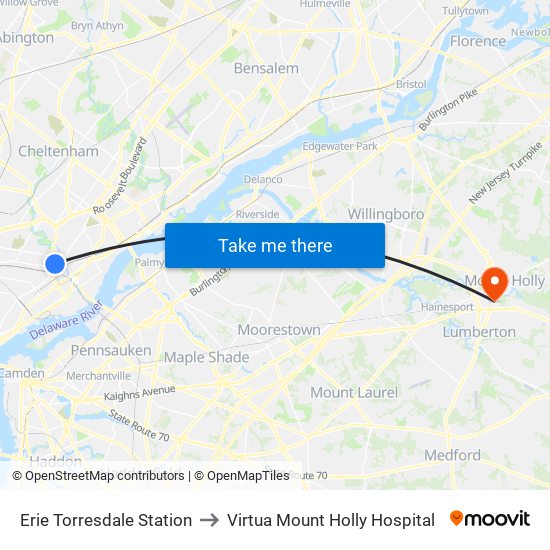 Erie Torresdale Station to Virtua Mount Holly Hospital map