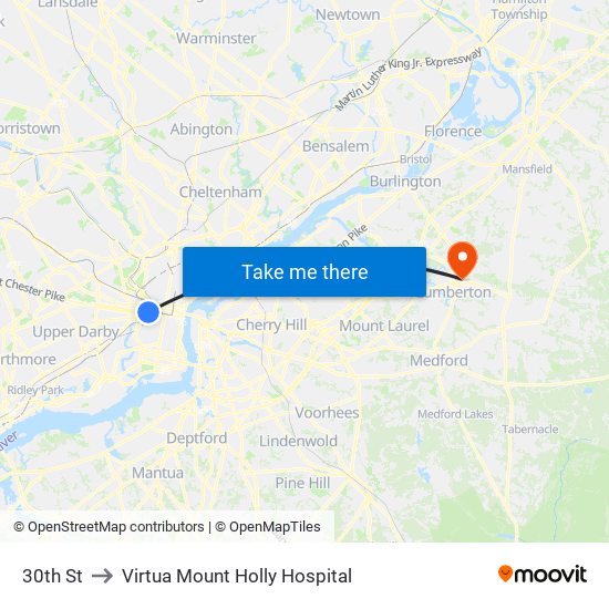 30th St to Virtua Mount Holly Hospital map