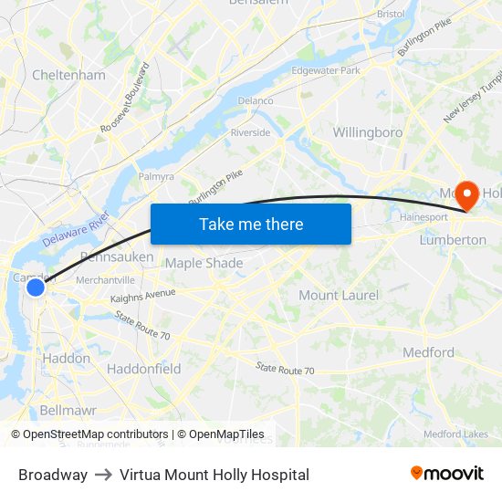 Broadway to Virtua Mount Holly Hospital map