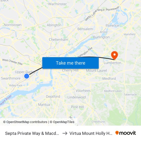 Septa Private Way & Macdade Blvd to Virtua Mount Holly Hospital map