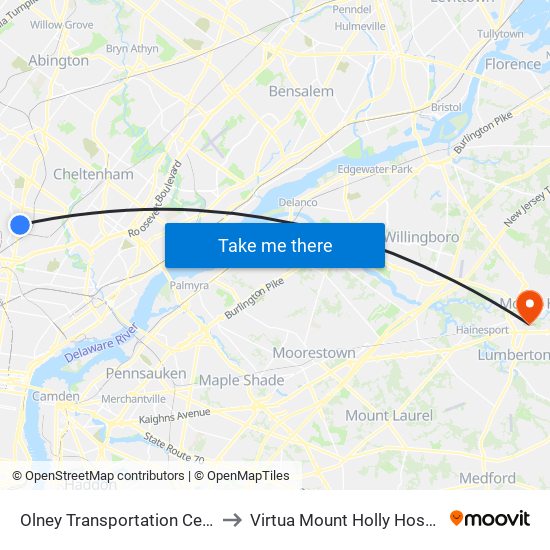 Olney Transportation Center to Virtua Mount Holly Hospital map