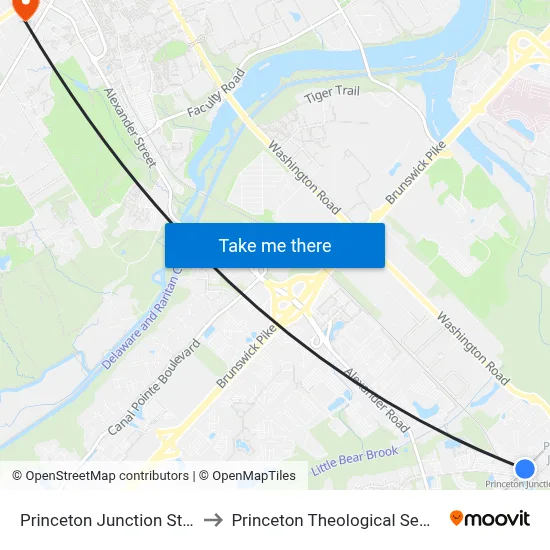 Princeton Junction Station to Princeton Theological Seminary map