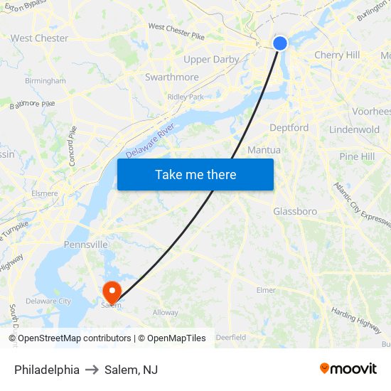 Philadelphia to Salem, NJ map