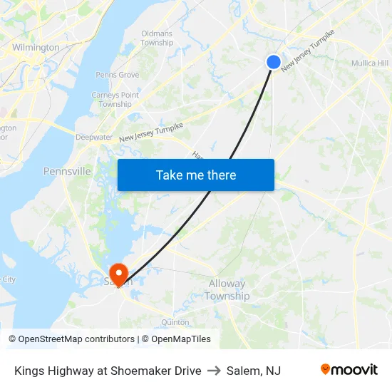 Kings Highway at Shoemaker Drive to Salem, NJ map