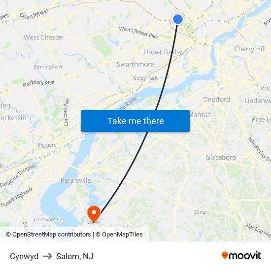 Cynwyd to Salem, NJ map