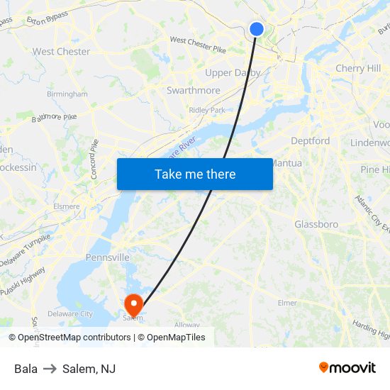 Bala to Salem, NJ map