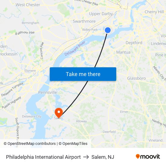 Philadelphia International Airport to Salem, NJ map