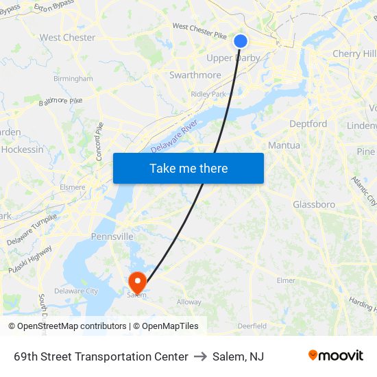 69th Street Transportation Center to Salem, NJ map