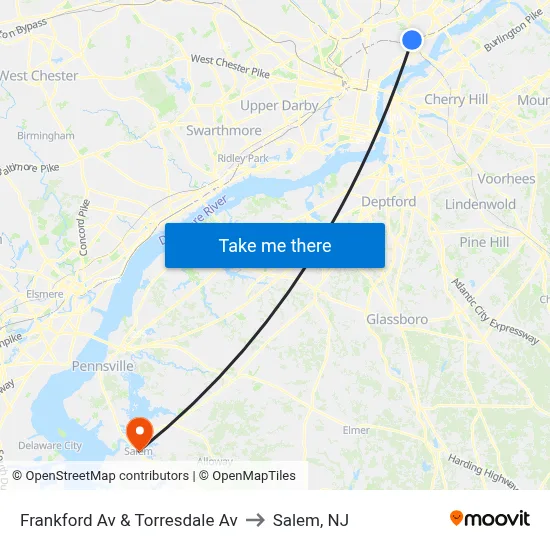 Frankford Av & Torresdale Av to Salem, NJ map